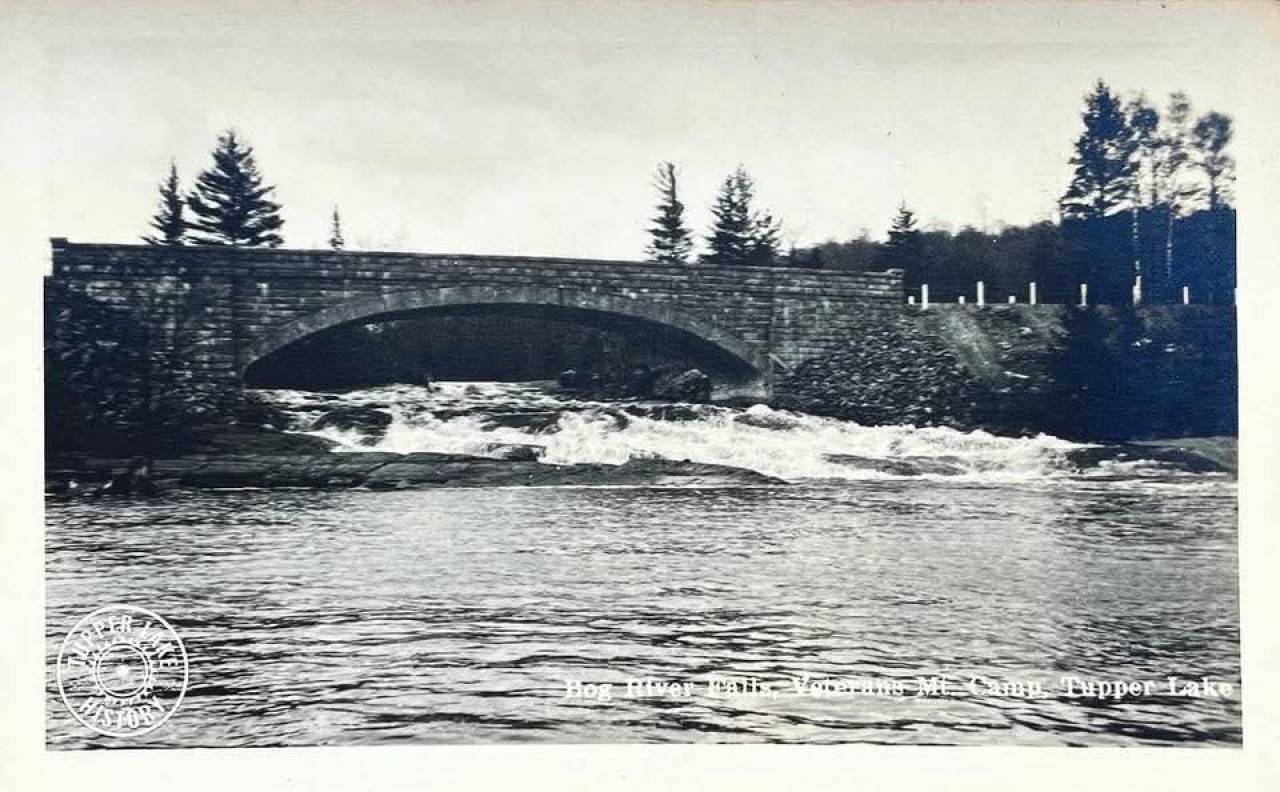 Historic postcard of Bog River Falls by Tupper Lake History